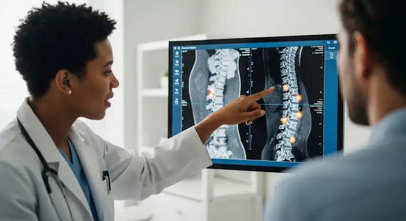 A doctor reviewing a bone scan, which is used to detect bone damage in multiple myeloma.