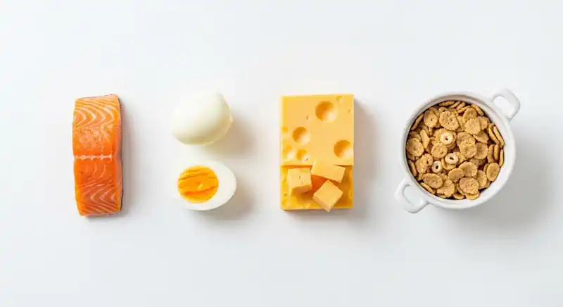 A flat lay of B12-rich foods including salmon, eggs, cheese, and fortified cereal.