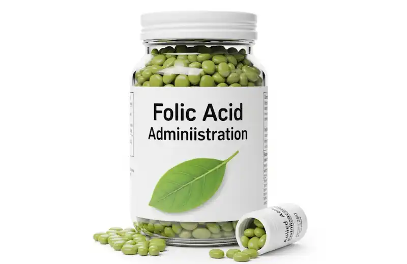 A bottle of folic acid supplements next to a glass of water.