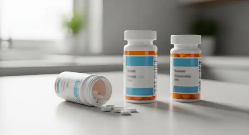 An assortment of prescription pill bottles, representing the management of anticoagulants.