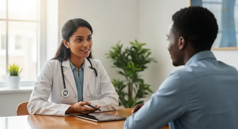 A compassionate doctor talking with a patient about their treatment plan.