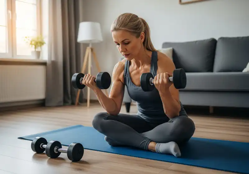 A middle-aged woman lifting weights, representing strength training to maintain bone density.