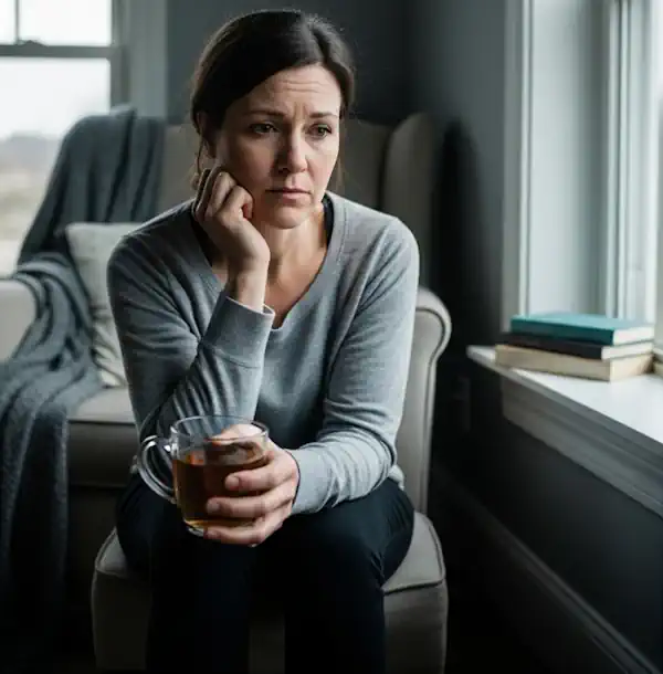 A woman in her 40s looking thoughtful, representing the mood changes associated with perimenopause.