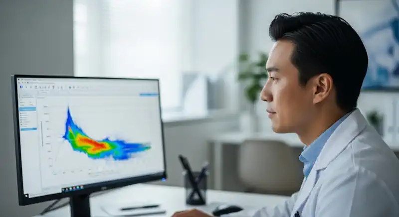 A doctor reviewing blood test results on a computer, a key step in diagnosing leukemia.